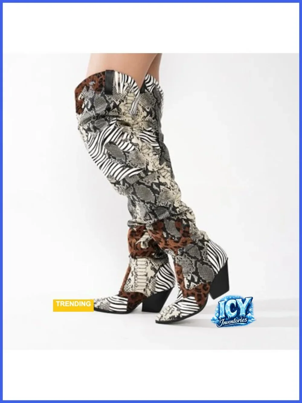 Faux Snakeskin Thigh High Cowboy Boots Chunky Heel Western Booties Block Heel